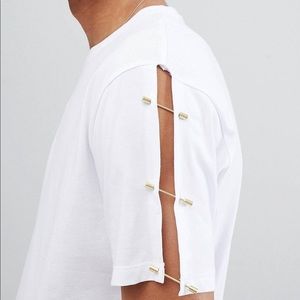 Longline White T-shirt with Gold Pin Sleeves
